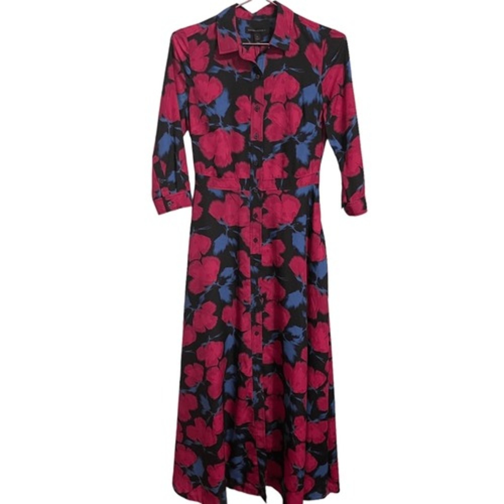 Banana Republic Pink Blue Floral Button Down Midi Shirt Dress Size 0 Black
